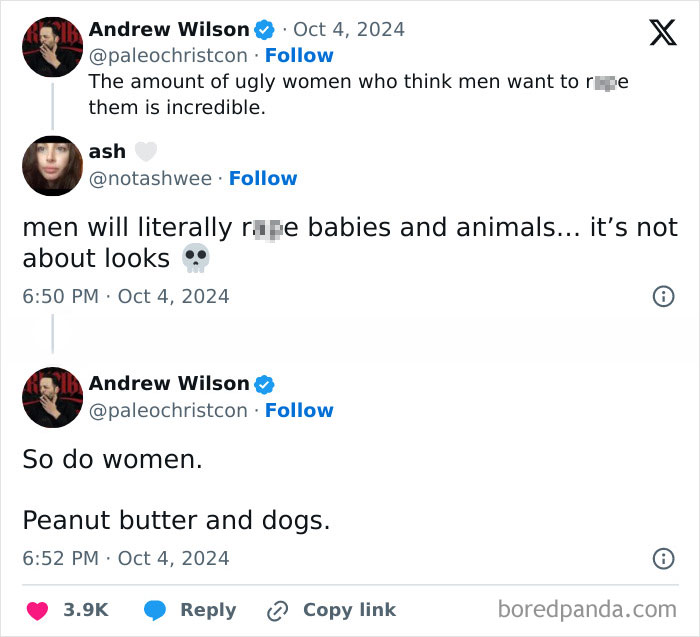 Text exchange showing misogynist comment followed by a sharp rebuttal.