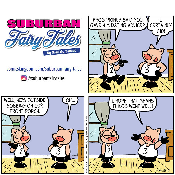 Comic strip featuring pigs humorously depicting relationship disasters from a pig's perspective in a fairy tale setting.