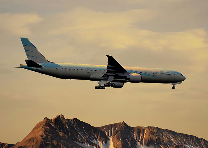 Airplane flying over rugged mountains at sunset, capturing the essence of a scary hike.