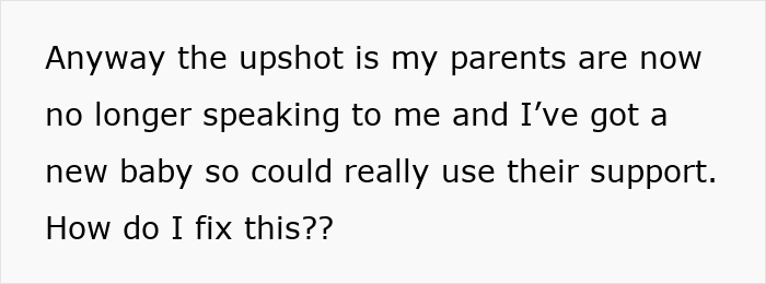 Text in an image discussing family communication issues and support with a new baby. Text in an image discussing family communication issues and support with a new baby.