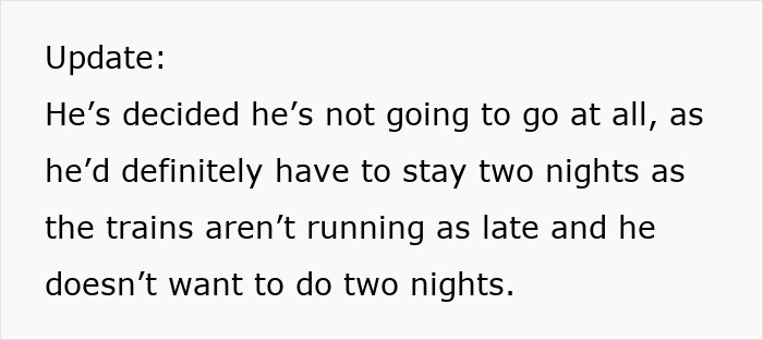 Text update about a guy skipping MIL's birthday due to train schedule, affecting plans with pregnant wife and toddler.