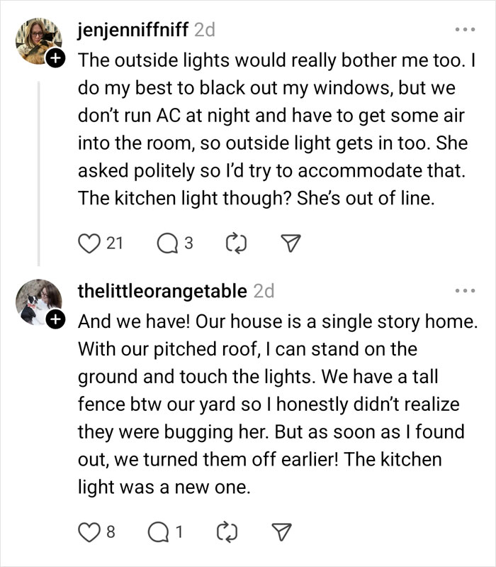 Comments discussing neighbor's complaints about lights and a couple's efforts to address them.