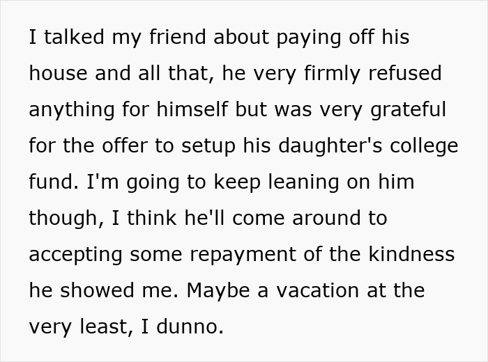 Text discussing millionaire's decision to pay off debts for a friend's daughter’s college fund. Text discussing millionaire's decision to pay off debts for a friend's daughter’s college fund.