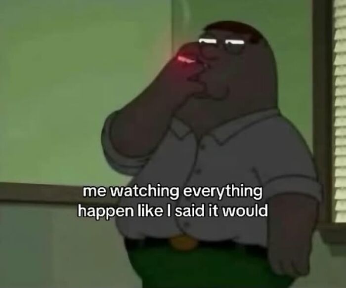 Cartoon character with glasses smoking, captioned about predicting events, highlighting mental health memes.