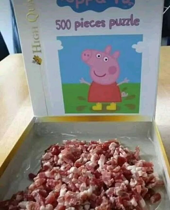 Caja de puzle de 500 piezas de Peppa Pig con carne en su interior, destacando raras imágenes.