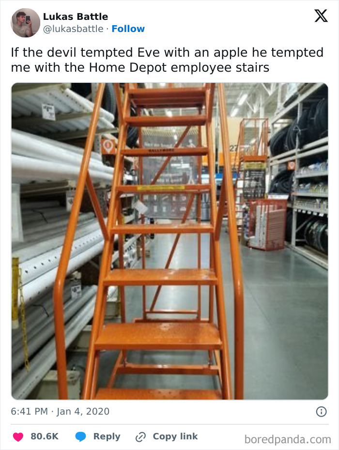 Orange ladder in Home Depot aisle with humorous caption about temptation, illustrating men's humor memes.