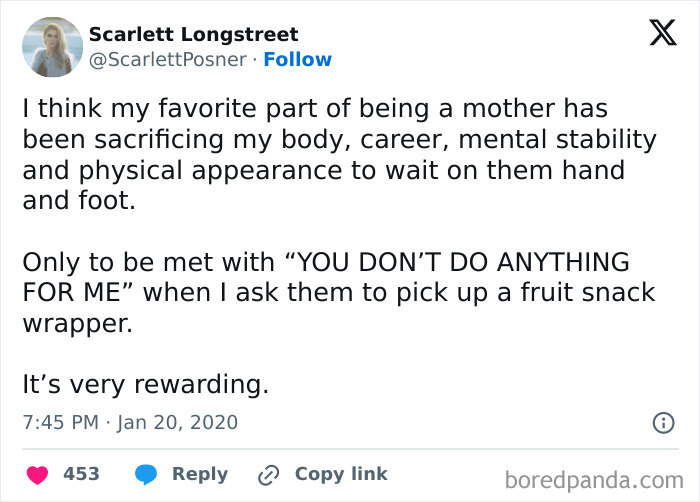 Tweet text about motherhood sacrifices and humorous frustrations related to being a parent.