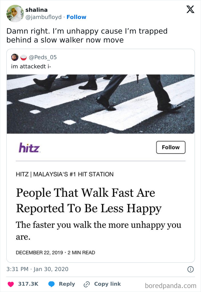 Peak Internet Humor: People walking fast on a crosswalk with a humorous caption about happiness.