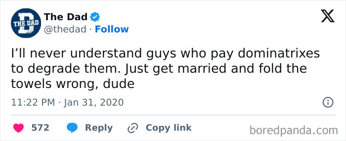 Tweet by The Dad humorously comparing marriage to hiring a dominatrix. Expresses a funny take on dating in your 30s.