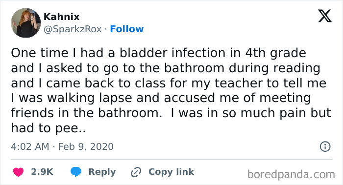 Tweet about a teacher misunderstanding a student's bathroom request, highlighting bad-infuriating-teachers.