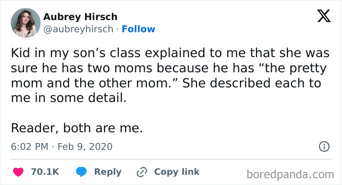 Tweet showcasing peak internet humor with a funny mom story shared by Aubrey Hirsch, highlighting kids' innocent perspectives.