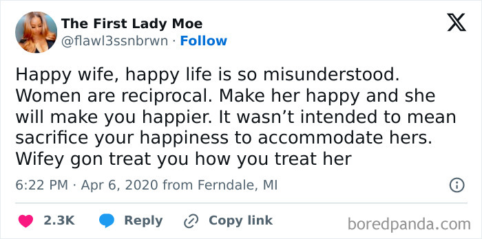 Tweet challenges misconceptions about relationships, highlighting reciprocity and mutual happiness.