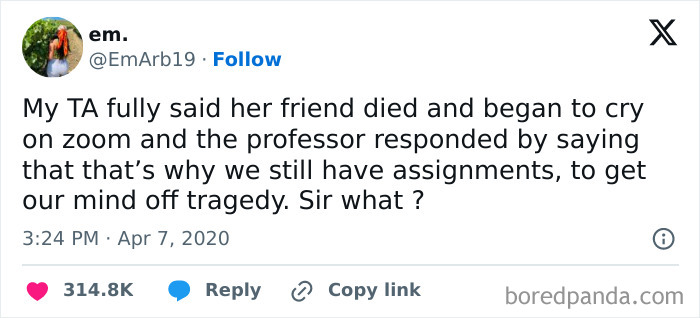 A tweet discussing an infuriating teacher's response to a grieving student on Zoom.