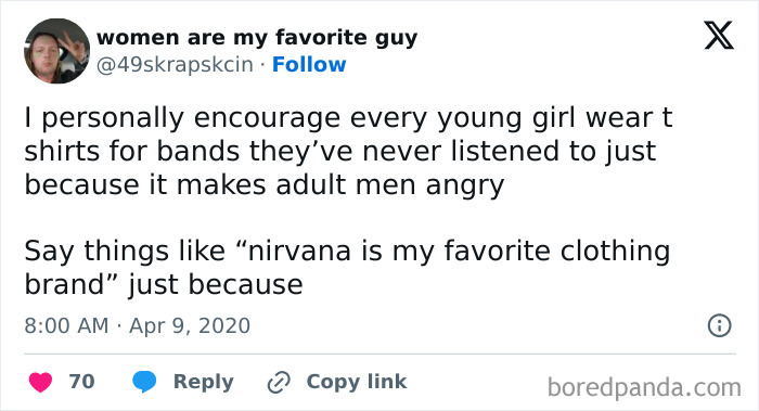Funny tweet about young girls wearing band shirts they haven't listened to, suggesting "Nirvana is my favorite clothing brand."