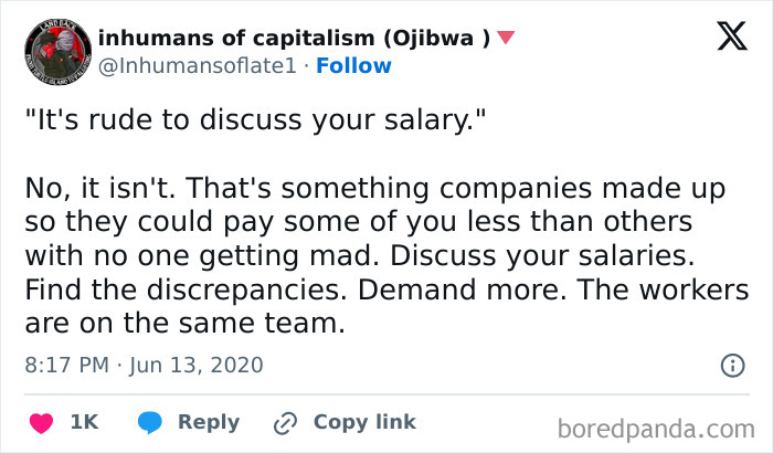 Tweet discussing the issues of capitalism, encouraging salary transparency among workers for fair treatment.