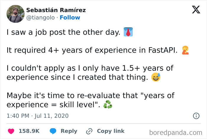 Tweet about a "recruiting hell" experience highlighting the irony of job experience requirements in FastAPI.