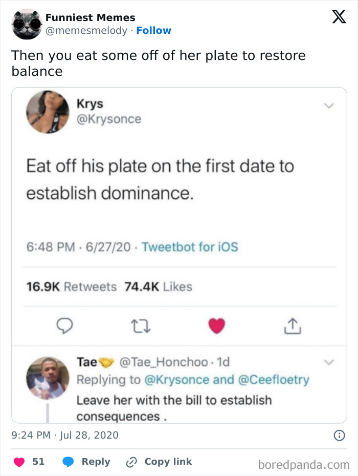Tweet exchange showcasing hilarious clever comebacks about dating and sharing food.
