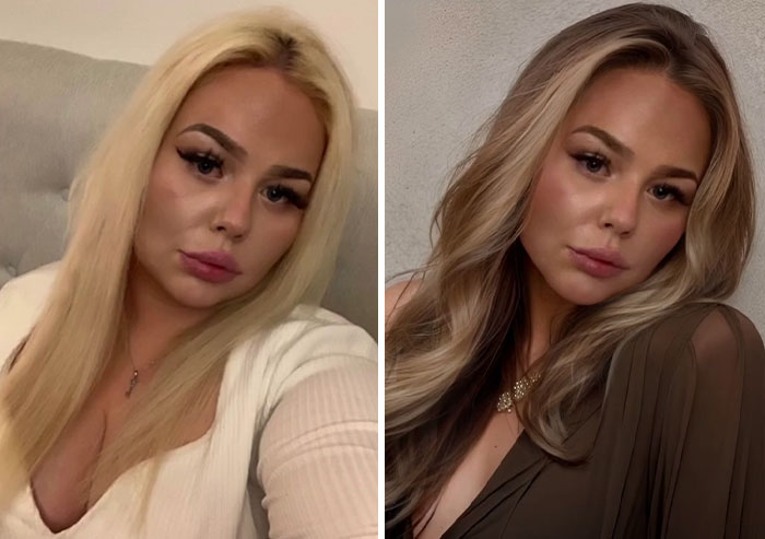 Before and after digital makeover by content creator, showcasing striking hairstyle and makeup transformation.