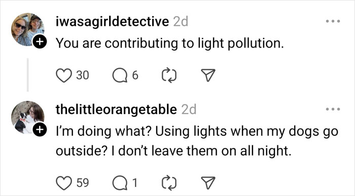 Social media exchange over neighbor's complaints about light pollution.