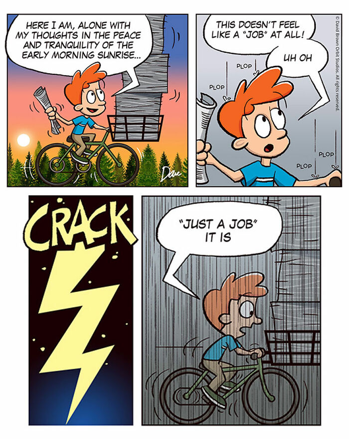 Cartoon character on a bicycle delivering newspapers at sunrise, experiencing a sudden storm. "Planey Joey" theme.