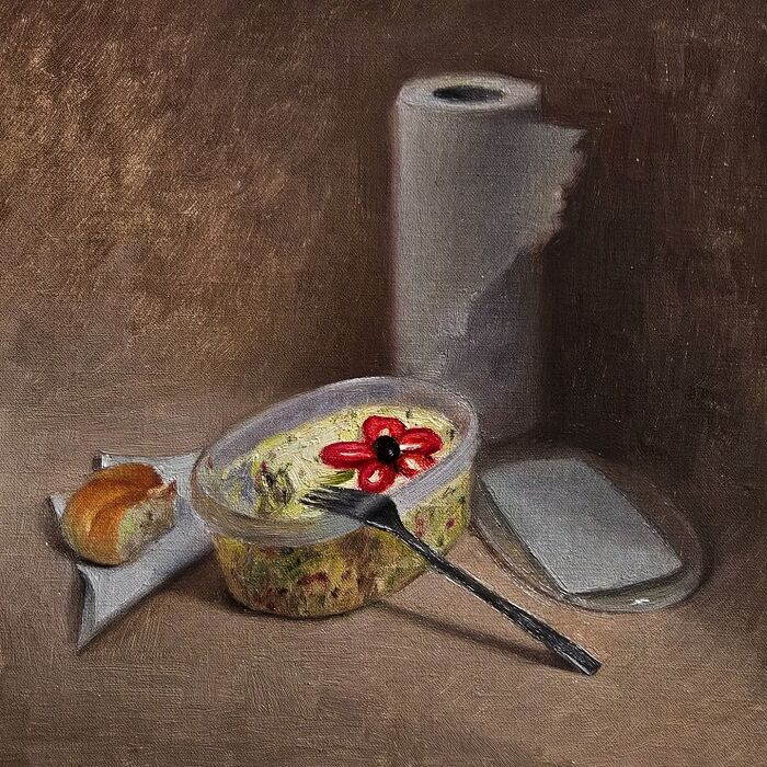Oil painting depicting Eastern Europe nostalgia with a container of salad, fork, bread, and paper towel roll.