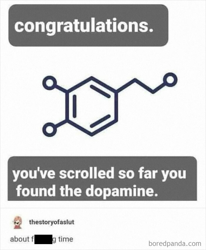 Congratulations meme showing dopamine molecule, humorously acknowledging scrolling for mental health boost.