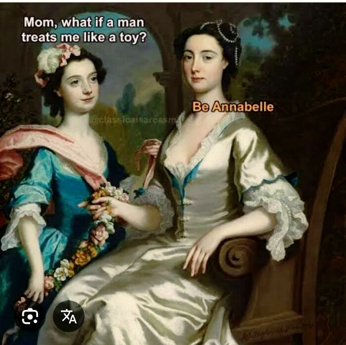 Two women from a classical painting with text overlay turning the scene into a relatable meme.