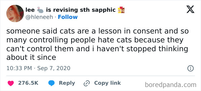 Social media post about cats symbolizing consent and resistance against control.