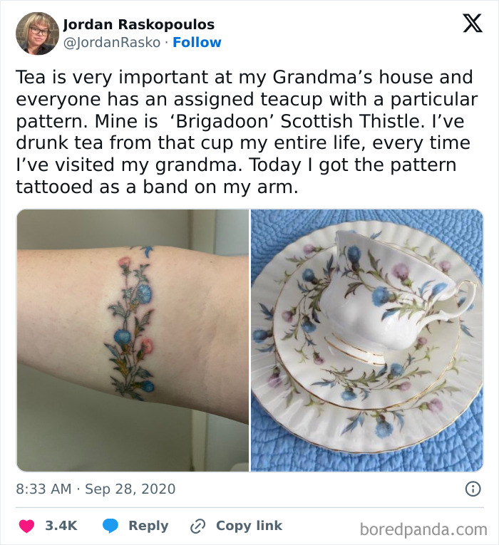 Tattooed floral pattern matching a teacup, highlighting Tumblr’s humorous side.