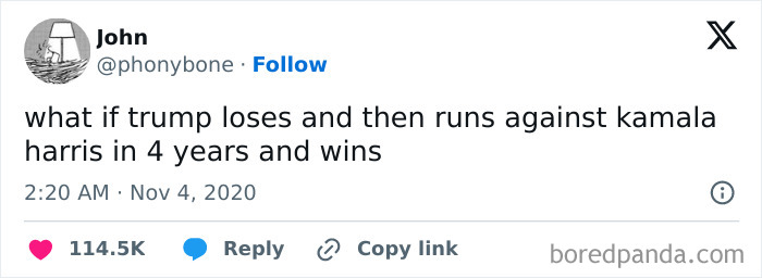 Tweet predicting Trump running against Kamala Harris in four years, emphasizing aged predictions coming true.