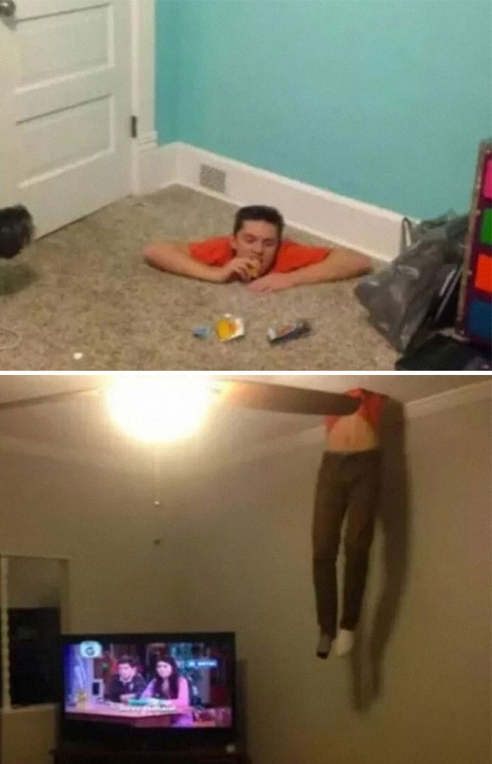 Weird images showcasing a person appearing to sink into the floor and hanging from a ceiling next to a TV.