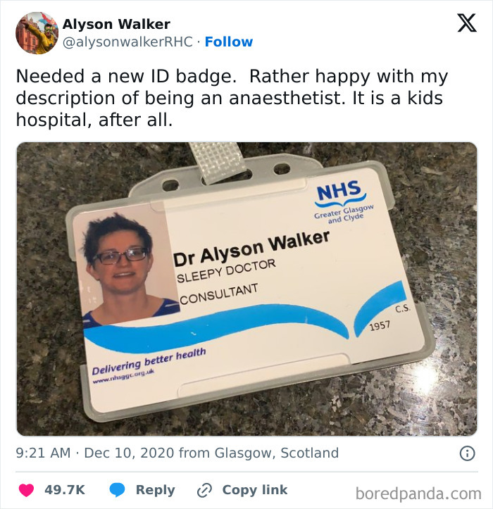 ID badge labeled "Sleepy Doctor" with humorous text, shared as part of funny college confessions memes.