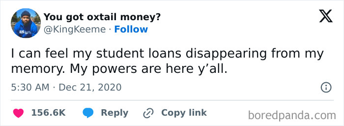 Tweet humorously celebrates Black culture by joking about student loans disappearing.