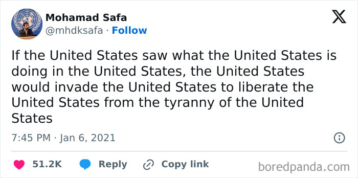 Tweet highlighting issues of capitalism in America with a satirical take on U.S. foreign policy.