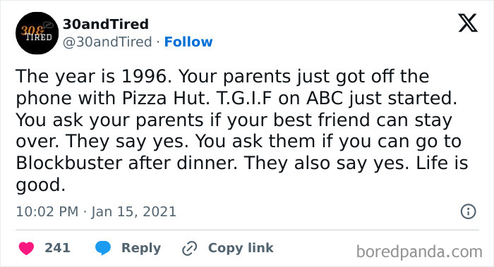 Tweet reminiscing about life in the wild '90s, mentioning Pizza Hut, TGIF on ABC, and Blockbuster.