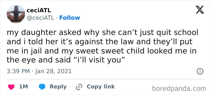 Tweet about a kid's humorous response regarding quitting school, highlighting dumb or clueless kids' logic.