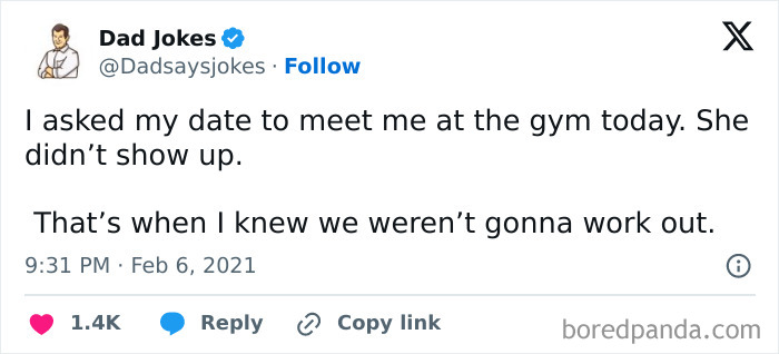 Dad humor post with a pun about a date not showing up at the gym.