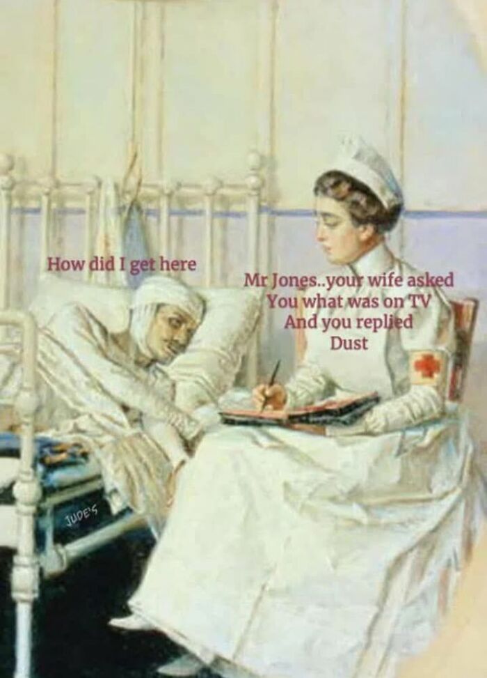 Classical painting meme of a patient in bed humorously responding to a nurse's question about TV.