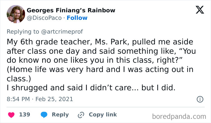 Tweet about a bad teacher experience, highlighting a hurtful comment made by a 6th-grade teacher.