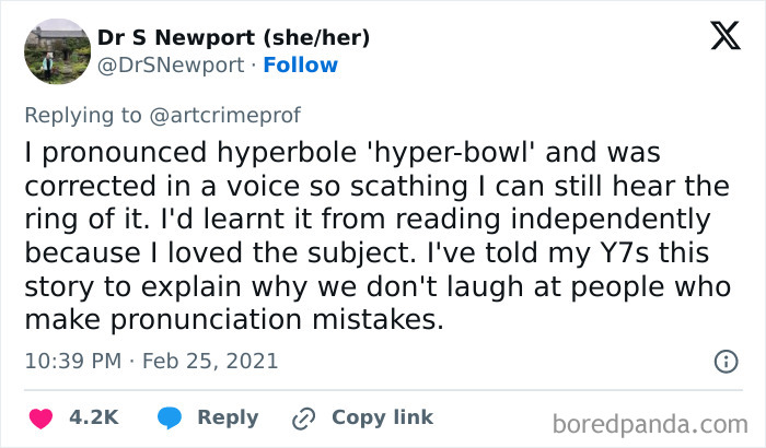 Tweet about Bad-Infuriating-Teachers scolding a student for mispronouncing "hyperbole," highlighting a teaching moment.
