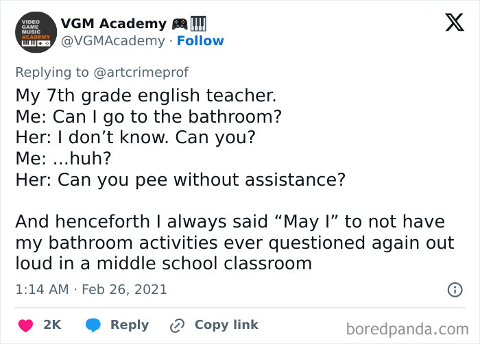 Tweet about an infuriating teacher correcting a student's grammar in a humorous exchange.