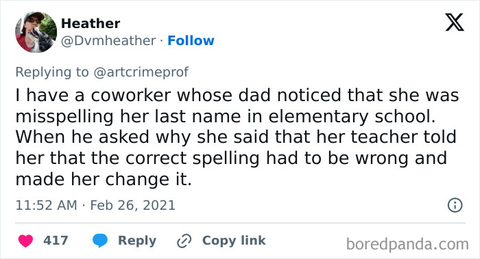 Tweet discussing a teacher's infuriating mistake about a student's last name spelling.