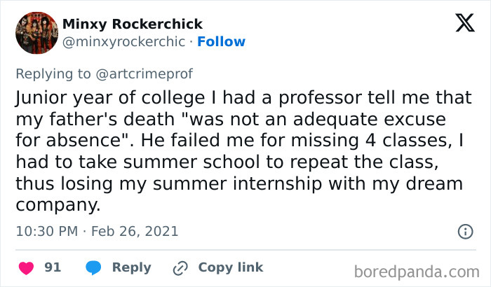 Tweet describing a bad experience with an infuriating teacher's unsympathetic response to a student's personal loss.