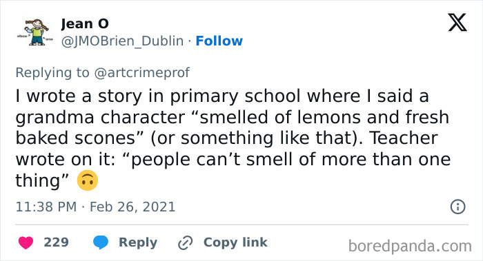 Tweet highlighting an infuriating teacher's comment on a story about a grandma's scent, questioning if people can smell multiple things.