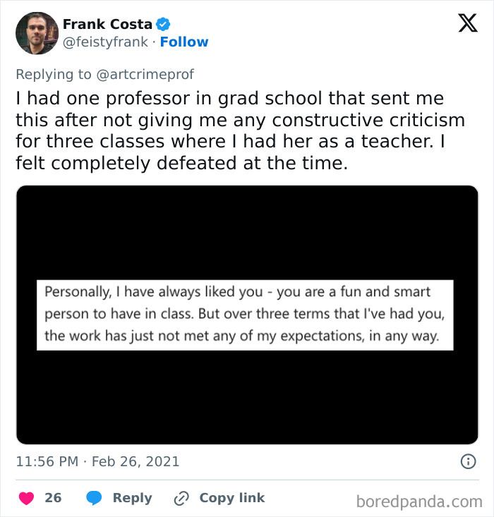 Tweet about a frustrating experience with an infuriating teacher's feedback.