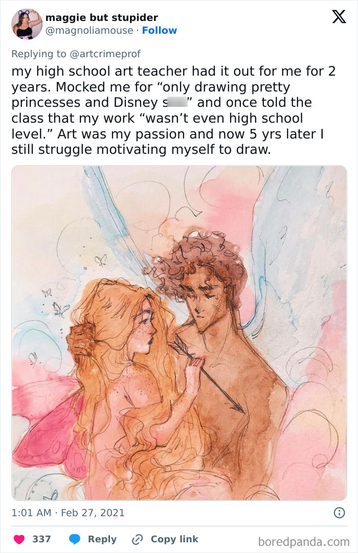 Tweet shows a student upset by infuriating teacher's critique on art style, featuring a watercolor of an angel and a fairy.