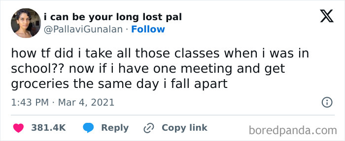 Tweet joke about adult life struggles, highlighting peak internet humor.