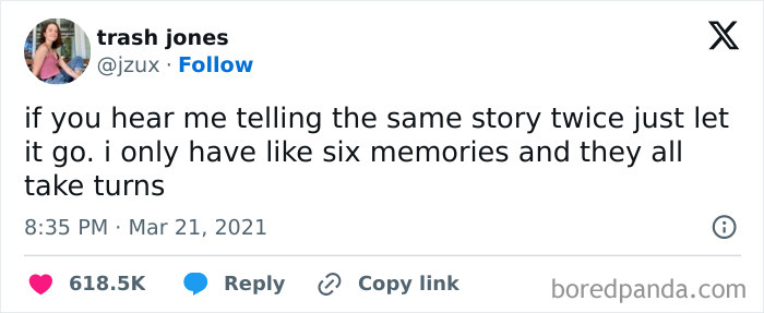 Social media meme about repeating stories, humorous take on limited memories.