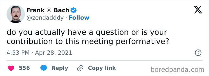 Meme text asks if meeting contributions are genuine or performative, showcasing humorous office resources.