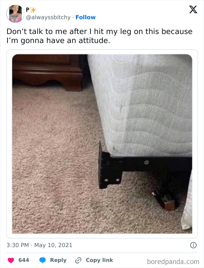 Random meme showing a bed frame with a funny caption about leg pain after bumping into it.